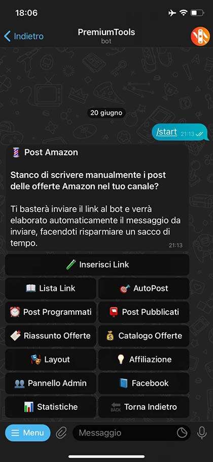 Post iniziale del BOT PremiumTools BOT Telegram PremiumTools per le offerte Amazon