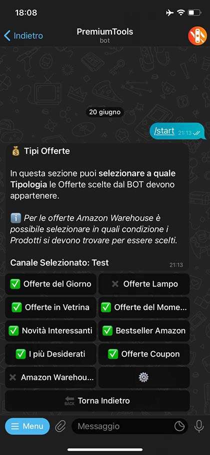 Sezione tipologia di offerte Tipologia di offerte Amazon prensenti nel BOT