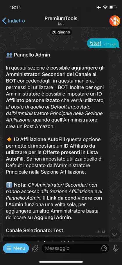 Sezione pannello Admin Gestisci il BOT insieme agli amministratori del canale Telegram