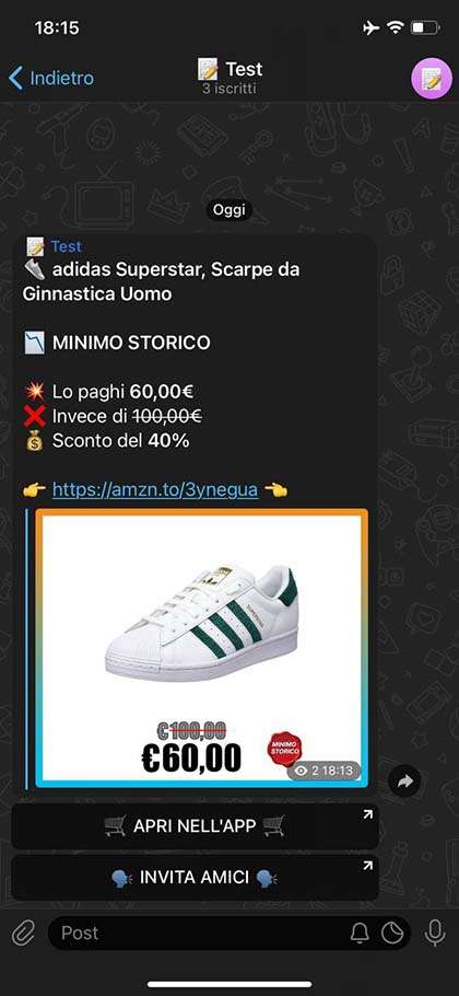 Esempio offerta Amazon pubblicata sul canale Telegram Esempio pubblicazione dell'offerta Amazon su un canale Telegram