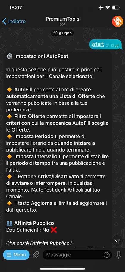 Sezione autopost del BOT Sezione impostazione autopost del BOT per il canale Telegram