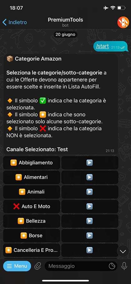 Sezione categorie Amazon Elenco delle Categorie Amazon disponibili nel BOT